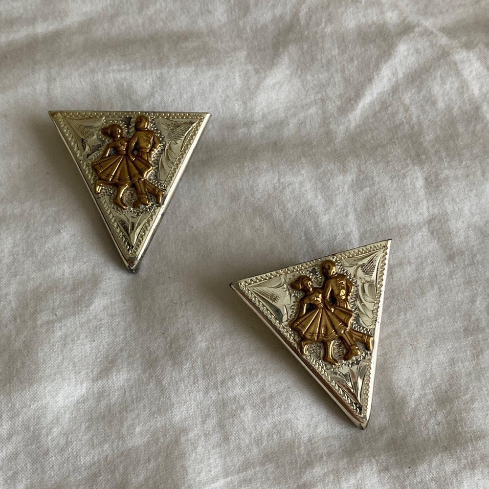 Vintage Sterling Silver Collar Tips - gold plated detail - hand engraved